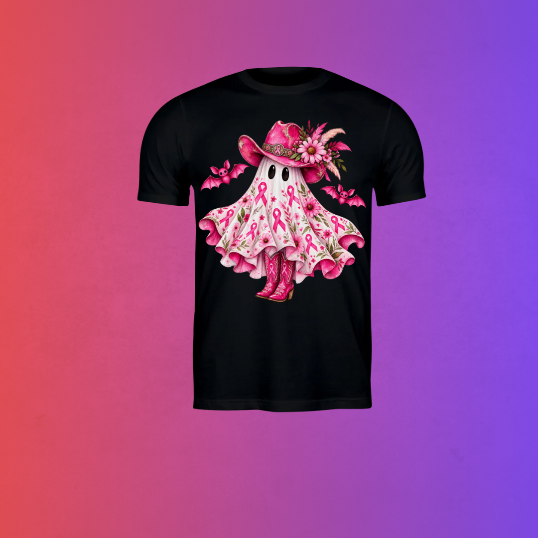 Cowgirl Ghost Breast Cancer Awareness Halloween T-Shirt